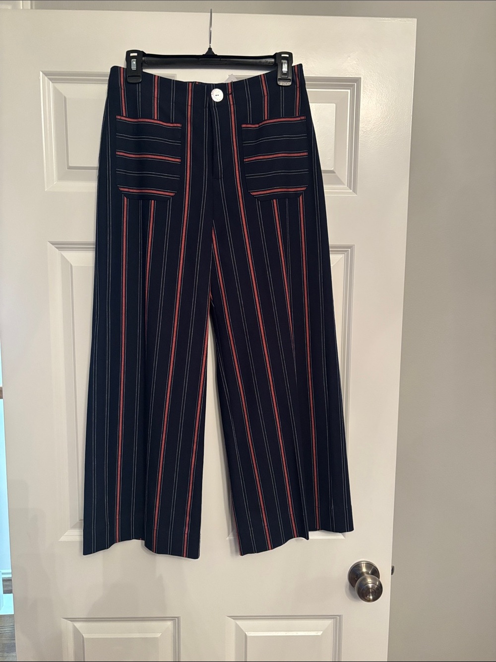Karen Kane Navy Pants with Red and White Pinstripes - Cropped Wide Leg